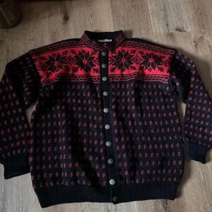 Vintage Red Black Ketty Smidt-Jensen‎ Wool Sweater Handmade Fair Isle Size L/XL